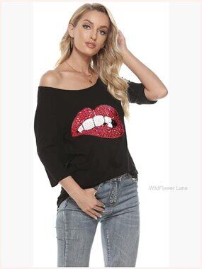 Plus Size Off Shoulder Lips Print T-Shirt Tunic Top